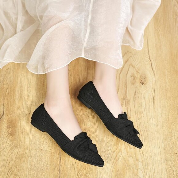 Women's Black Pointed Toe Ballet Flats with Bow Comfortable Knit Dressy Flats - Picture 6 of 8